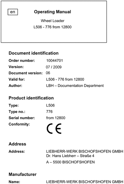 Product picture LIEBHERR Wheel Loader L506 - 776 from 12800 Operating Manual